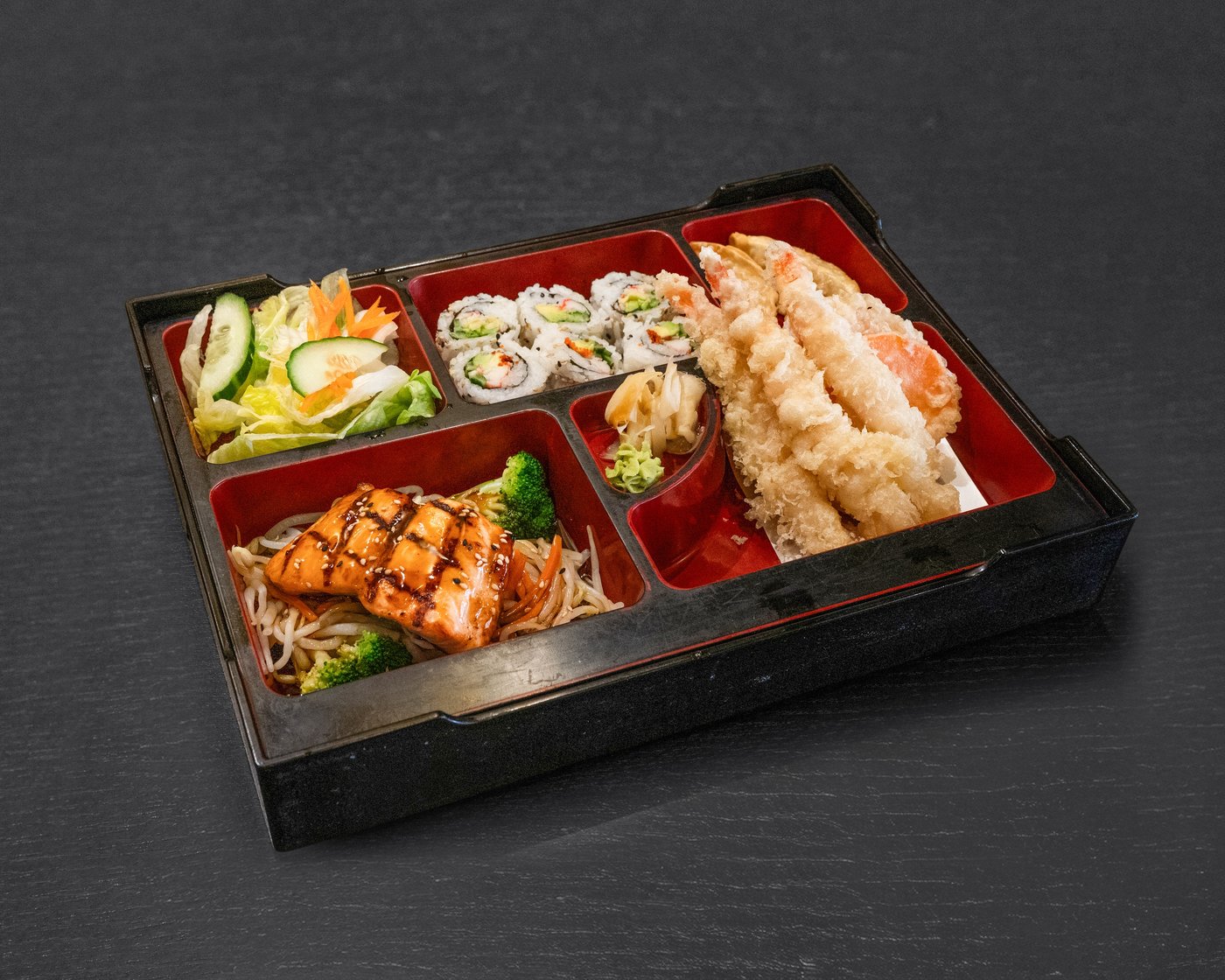 Salmon Teriyaki Bento — grilled salmon, tempura, California roll & salad