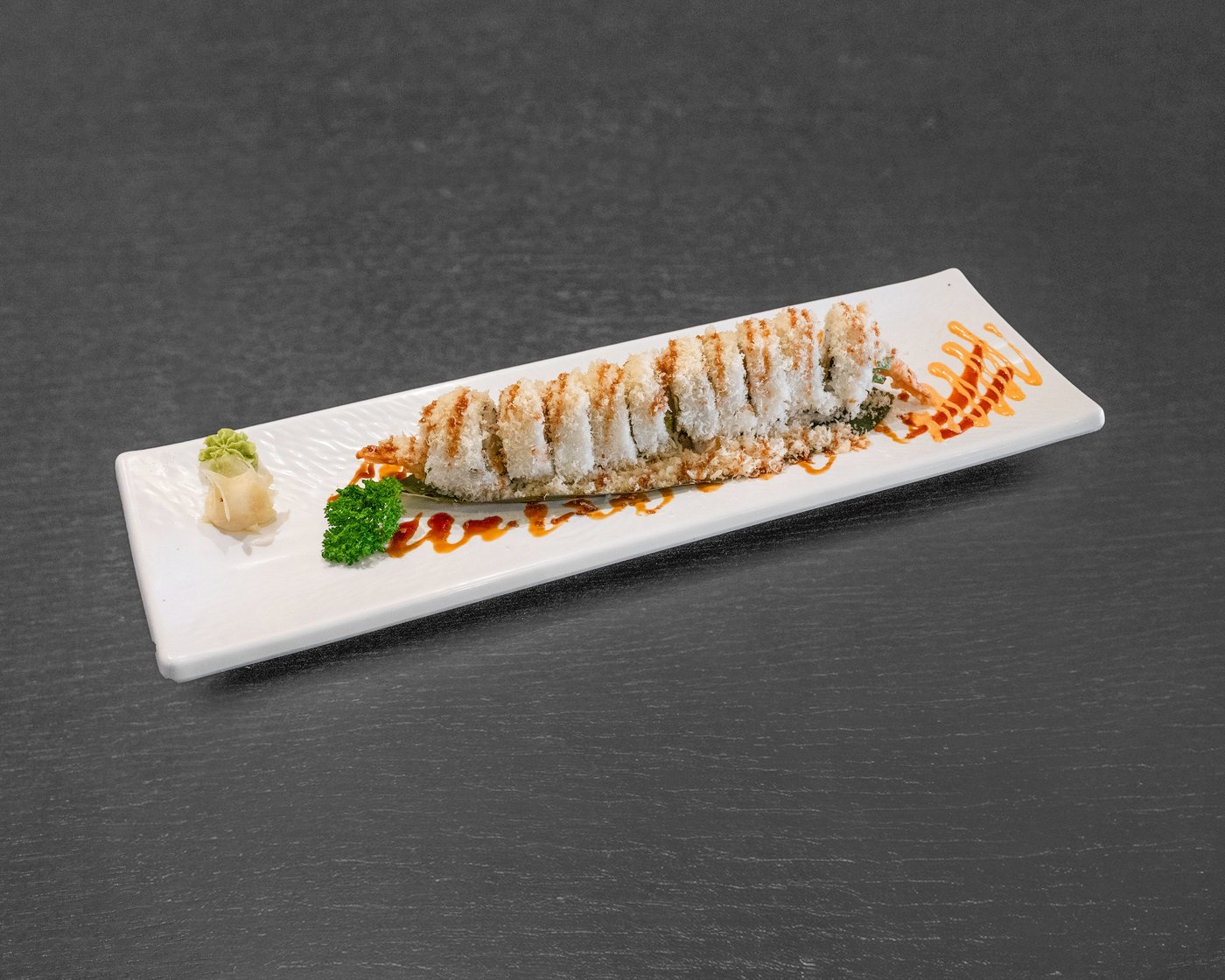 FM21 Crazy Boy Roll — deep fried roll with California hot sauce & unagi sauce